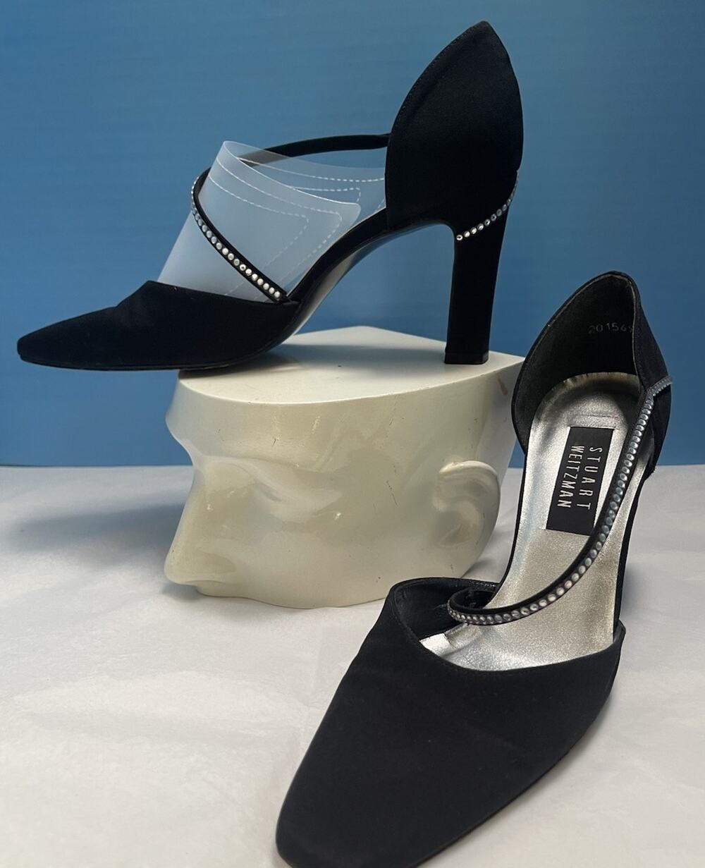 Stuart Weitzman Woman 8.5 B Black Satin D'Orsay Heels Rhinestone Accent